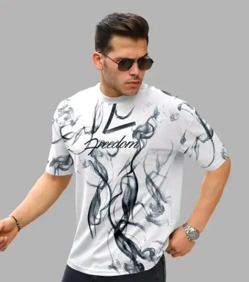 Men's Oversized Smoke Print T-Shirt – Trendy Graphic Tee with 'Freedom'